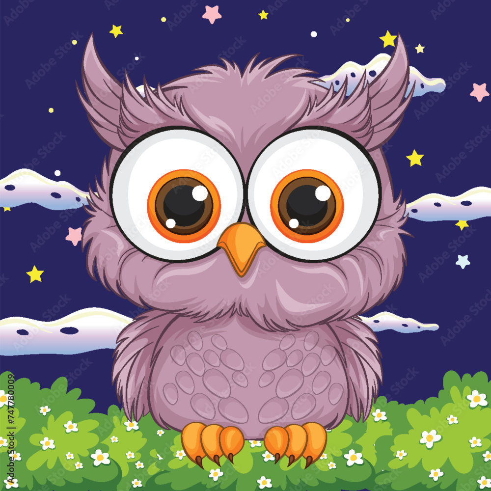 Obraz premium Adorable owl illustration with stars and clouds
