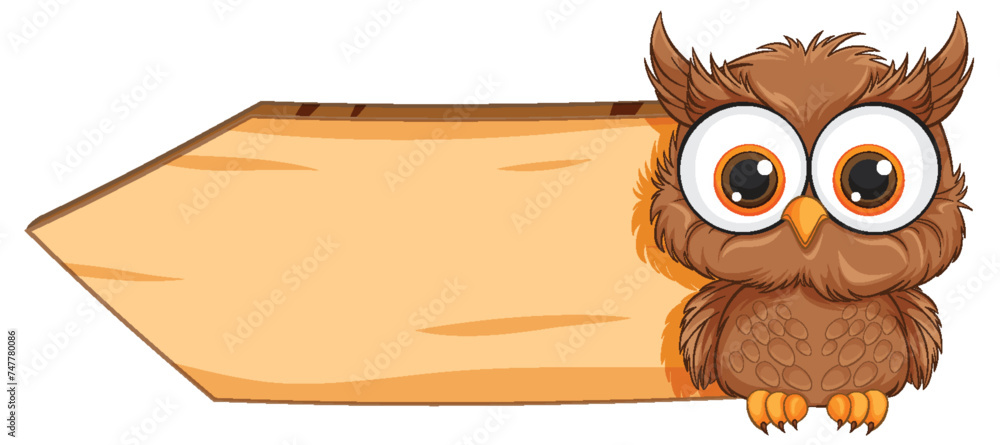 Adorable cartoon owl perched on a blank sign.