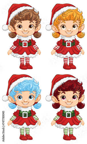 Four cheerful elves dressed in Christmas costumes.