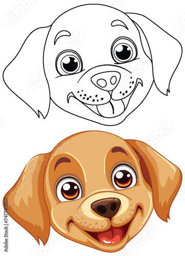 Two styles of a cheerful cartoon dog face.