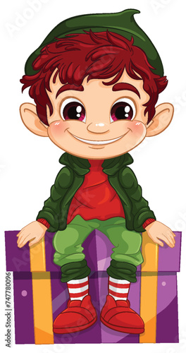 Cartoon elf with a big smile sitting on a present.