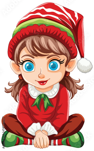 Cartoon elf girl in Christmas attire smiling.