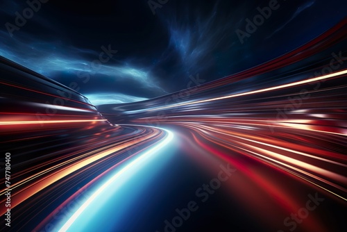 Abstract background, light trails, curve distortion, perspective angle, cyberpunk