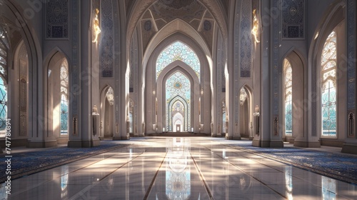 Interior of the mosque, with sweeping views of the spacious prayer hall and soaring ceilings supported by graceful arches and columns. Intricate tilework adorns the walls, adding to the visual richnes photo