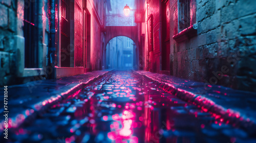 Night Street in Neon Light, Urban Life with Rain Reflection, Futuristic Cityscape and Illumination Concept