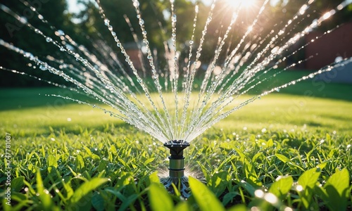 Sprinkler Watering Fresh Green Lawn