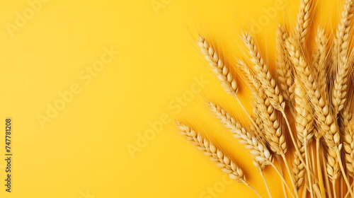 Top view of wheat on a yellow background.