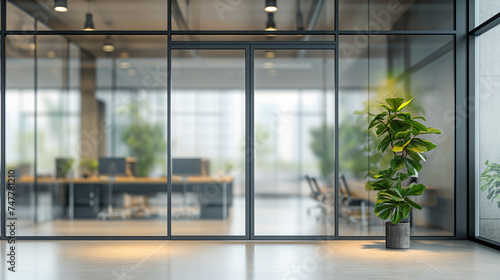  Contemporary office entrance with a lush potted plant and blurred background.