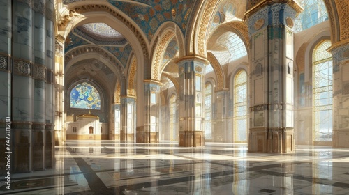 Interior of the mosque, with sweeping views of the spacious prayer hall and soaring ceilings supported by graceful arches and columns. Intricate tilework adorns the walls, adding to the visual richnes photo