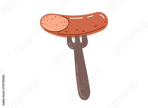 Grilled sausage on the fork.Barbecue food.Vector illustration in cartoon style