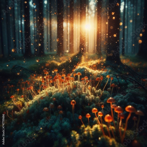 Mushroom lamps emit a soft glow  accompanied by the enchanting dance of fireflies  transforming the forest into a magical realm.