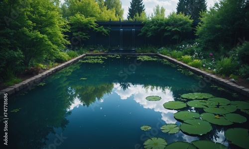 A calm pool with lily pads.