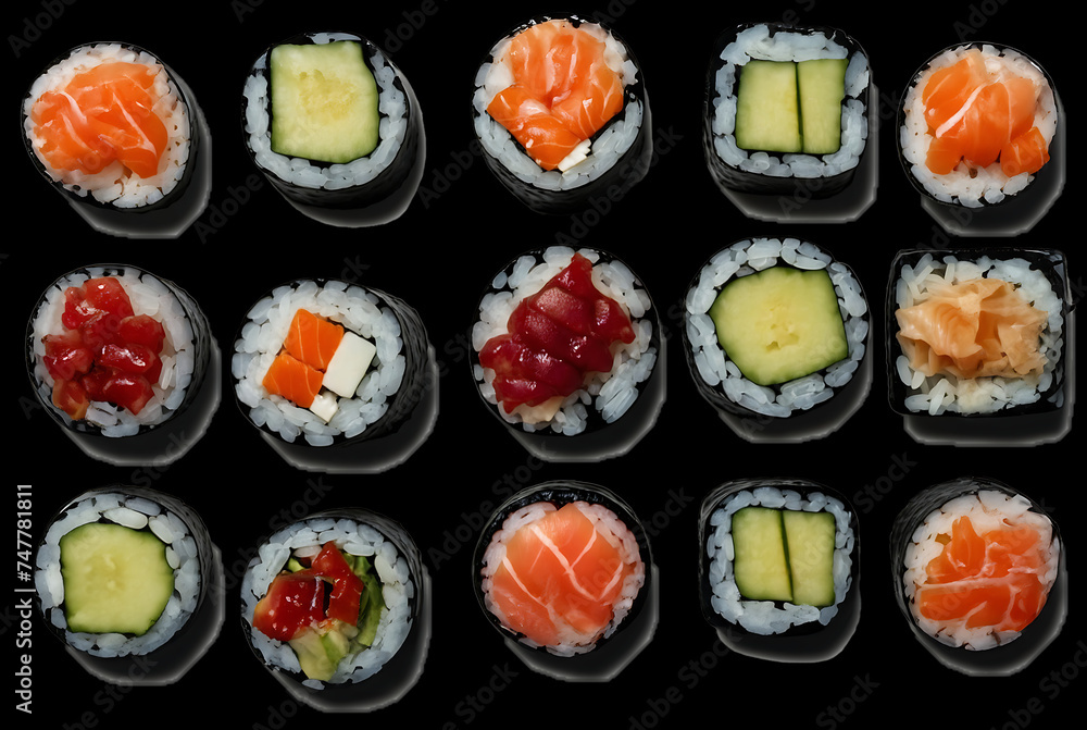 Sushi Rolls and Sashimi on a Plate with Fresh Fish and Rice, Japanese Gourmet Meal with Healthy Seafood Options Sushi Rolls and Sashimi on a Plate with Fresh Fish and Rice, Japanese Gourmet Meal with Healthy Seafood Options