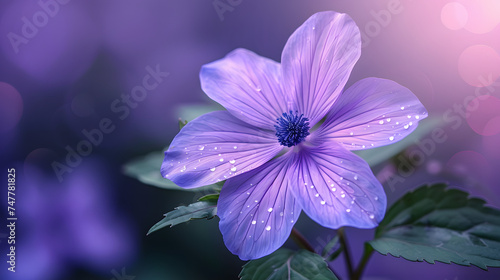 a purple flower with leaves in it is the background