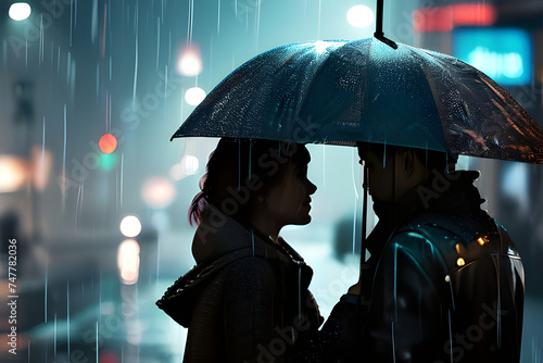A couple looking at each other with an umbrella in the rain. Generative ai photo