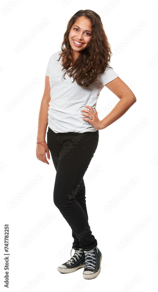 Woman, portrait and smile for confidence in fashion, clothes and apparel isolated on white background. Female person, student and model for current, stylish and trendy outfit with happiness in studio Woman, portrait and smile for confidence in fashion, clothes and apparel isolated on white background. Female person, student and model for current, stylish and trendy outfit with happiness in studio