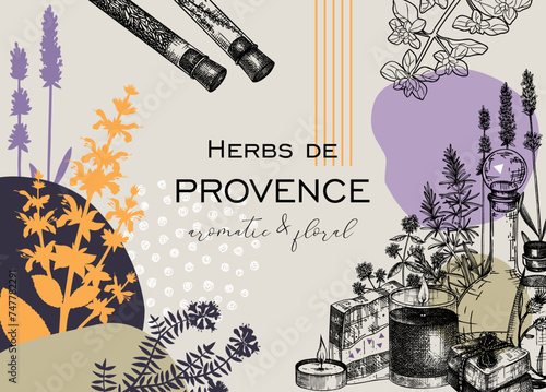 Collage-style Provence herbs background. Herbal plant sketch, hand drawn vector illustrations. Artistic frame for cosmetics packaging, perfumery labels, soap or candle making. NOT AI generated