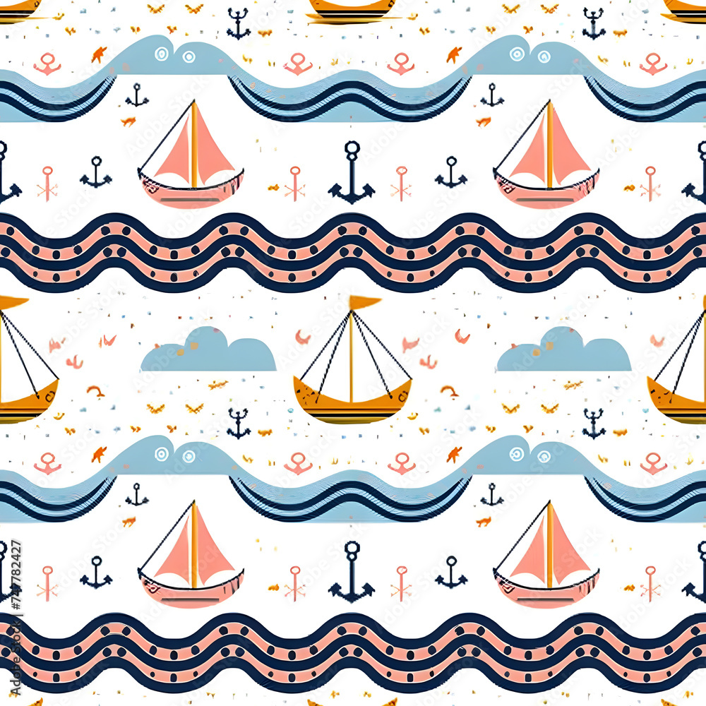 cute seamless pattern with a fishing boat with anchors and sea waves art print cute seamless pattern with a fishing boat with anchors and sea waves art print