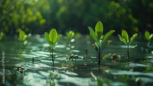 Close up of nursery seedlings mangrove forest to save intact environment  Conservation and restoration of mangrove forests.