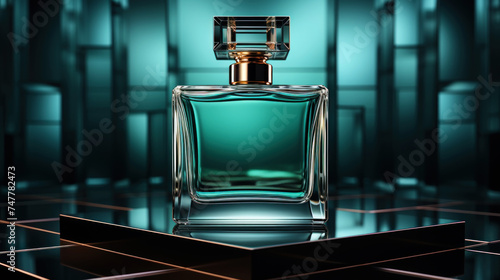 Minimalistic image of a green perfume bottle in the center with studio lighting. Luxurious background. Generative AI