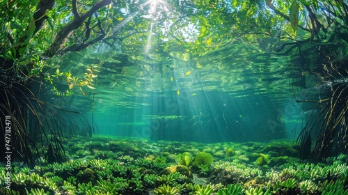 Underwater view of a mangrove forest  Conservation and restoration of mangrove forests    ecology of mangrove forest.