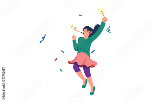 Girl Bounced Cheerfully While Blowing A Trumpet And Brandishing Firework | Friendship Party Illustration