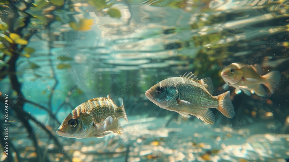 Naklejka premium Underwater view of a mangrove forest, Conservation and restoration of mangrove forests, , ecology of mangrove forest.