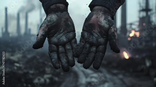 Labor Alienation and Capitalism’s Impact: Soot or Mud Covered Hands of Factory Worker with Industrial Cityscape - Social Injustice