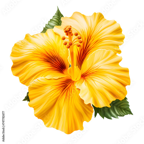 Bright large Yellow hibiscus flower and leaf isolated on white transparent background