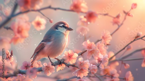 Springtime serenity with a charming bird perched amongst blooming cherry blossoms