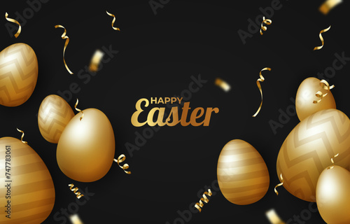 Realistic Golden Easter Egg Background with Confetti