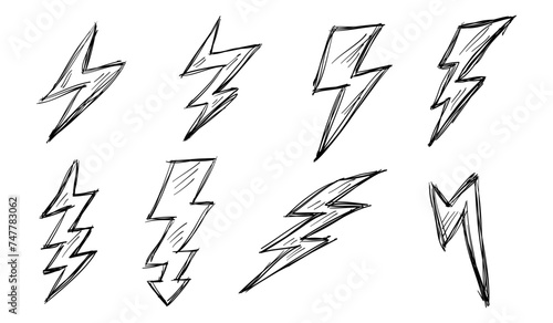 Set of Hand drawn electric lightning. Doodle thunderbolt and thunderstorm. isolated on white background. vector illustration
