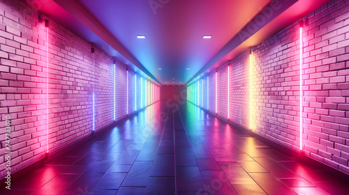 Neon Lights in Futuristic Tunnel, Bright Glowing Corridor, Modern Club or Space Interior, Abstract Design