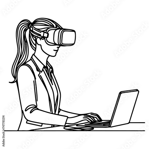 single continuous drawing black line art linear businesswoman in office using virtual reality headset simulator glasses with computer doodle style sketch vector