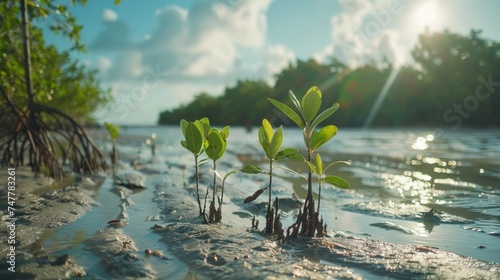 Close up of nursery seedlings mangrove forest to save intact environment, Conservation and restoration of mangrove forests. © sawitreelyaon