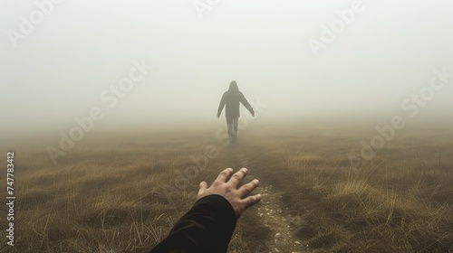 Hand Reaching Out in Foggy Landscape, Man Walking Away: Embodying ‘Don’t Go’ Emotions and Longing - Disappearing Man