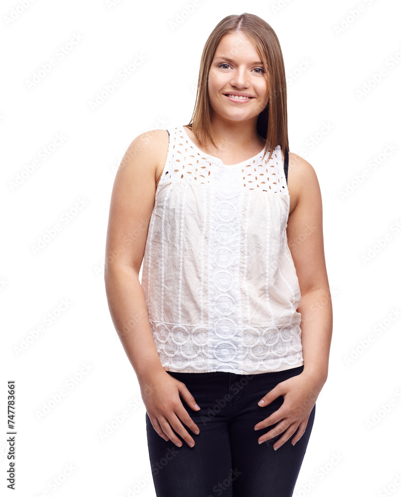 Happy woman, portrait and confidence for clothes in studio, casual and aesthetic on white background. Female person, plus size and pride for gen z culture, university student and designer fashion Happy woman, portrait and confidence for clothes in studio, casual and aesthetic on white background. Female person, plus size and pride for gen z culture, university student and designer fashion
