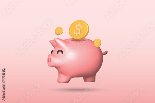 3d piggy bank with coin icon vector illustration design. Saving money concept on pink background.