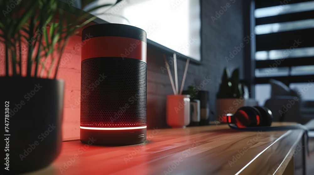 Modern Red and Black Speaker on a Tabletop, Generated Modern Red and Black Speaker on a Tabletop, Generated