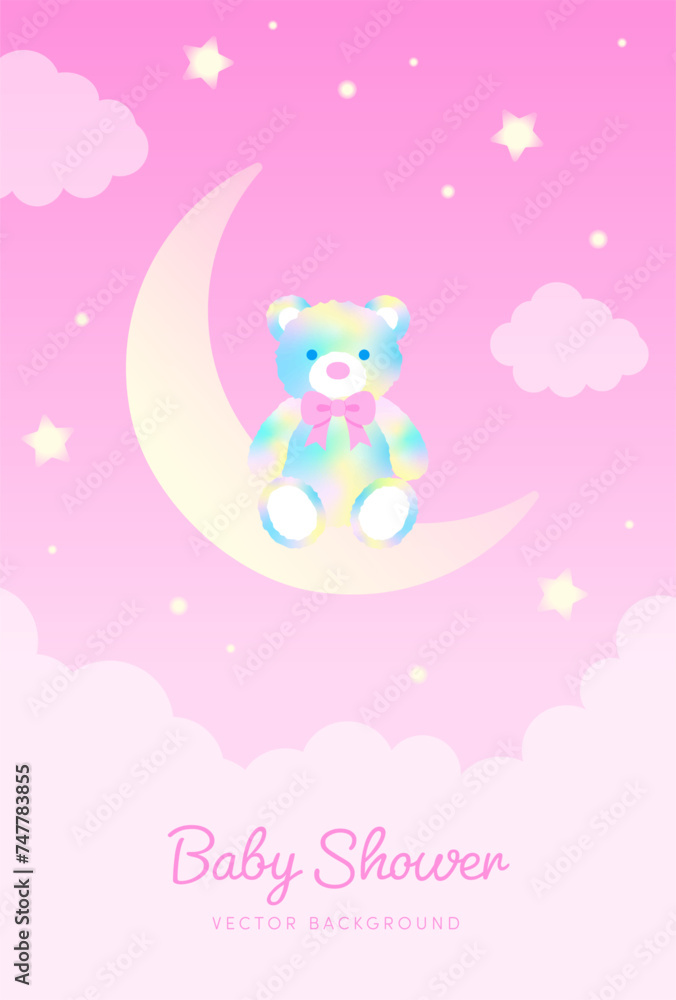 Fototapeta premium vector background with a rainbow teddy bear on the crescent moon in the sky for banners, cards, flyers, social media wallpapers, etc.