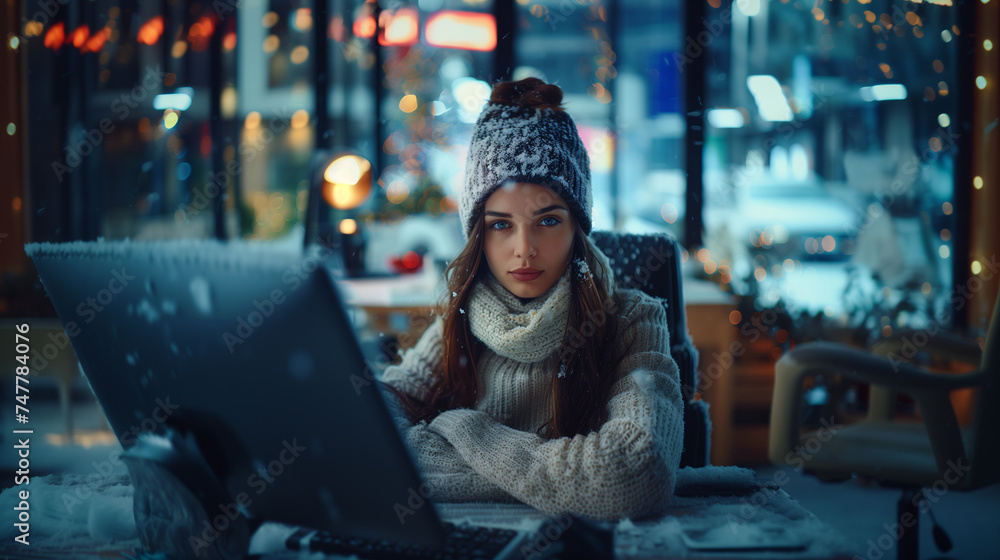 Woman in winter clothes working in snowy office. Companies saving on heating concept.