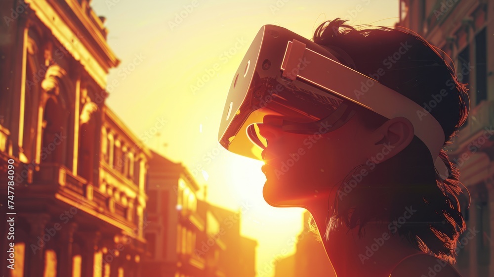 Sunset Serenity in VR. A figure is silhouetted against a golden cityscape while immersed in a VR headset, highlighting the personal and introspective journey through technology. Sunset Serenity in VR. A figure is silhouetted against a golden cityscape while immersed in a VR headset, highlighting the personal and introspective journey through technology.