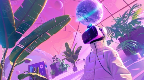 A solitary figure in VR stands amidst a lush, digital greenhouse, pointing to the intersection of technology and nature in a virtual ecosystem