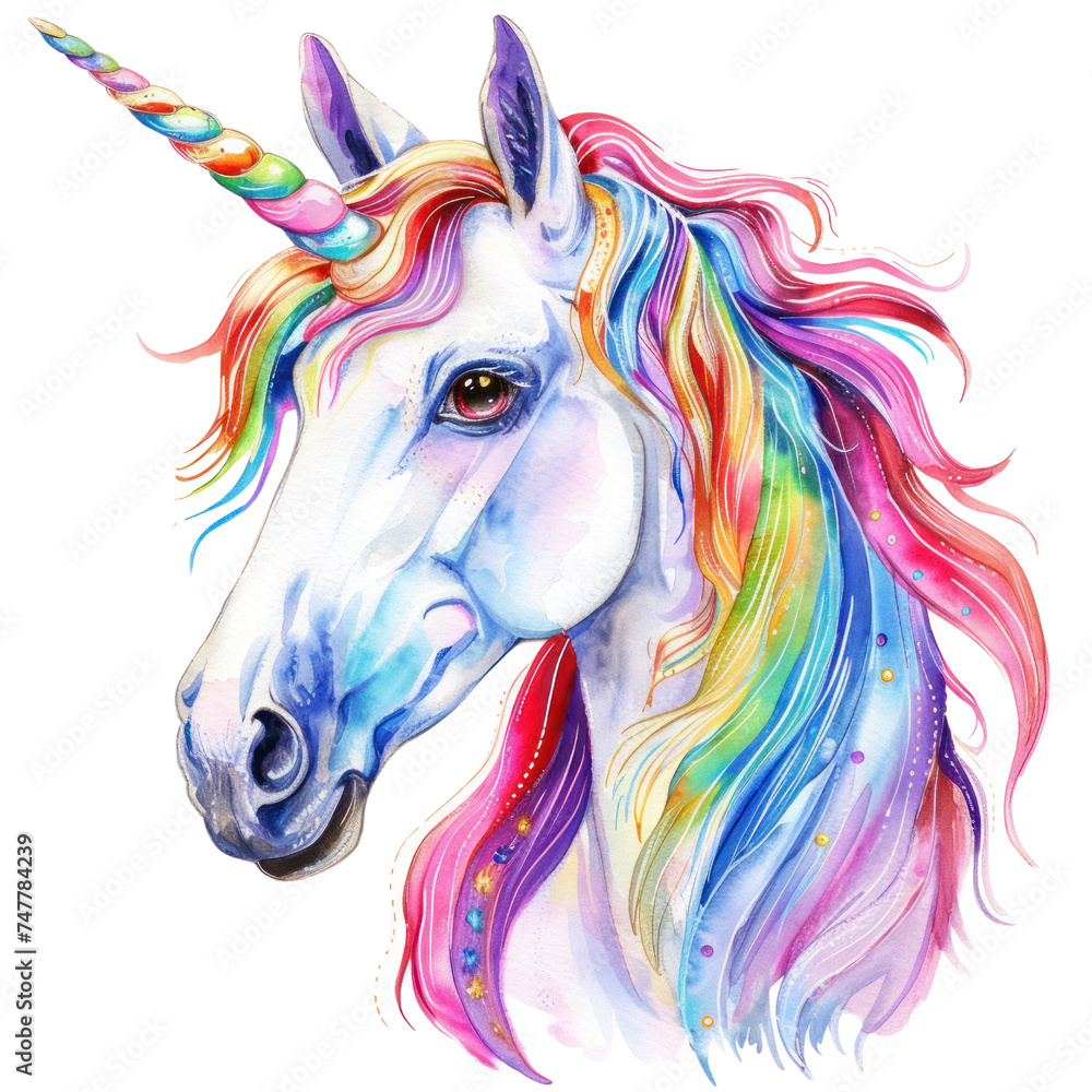 Vibrant Watercolor Unicorn Head with Rainbow Mane