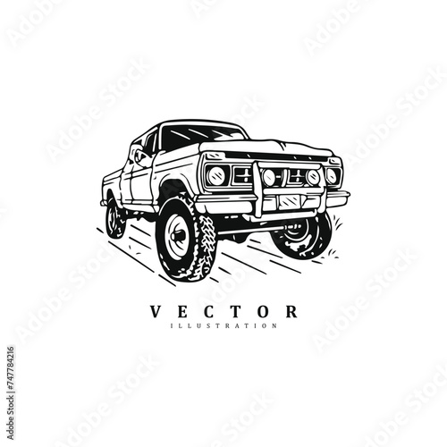 Vintage ketch hand drawn pick up truck car logo design vector art illustration