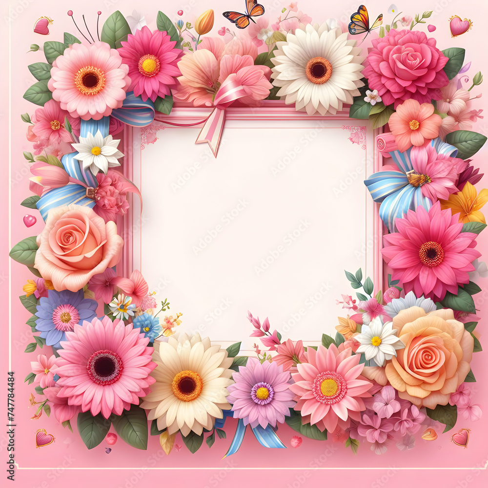 Frame of flowers with pink background ,center is empty for message 