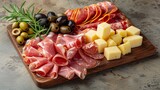 A delectable charcuterie board featuring an array of meats, cheeses, and olives