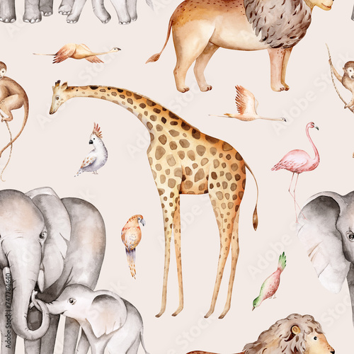Wild animals watercolor seamless pattern with giraffe and elephant, monkey with cockatoo, parrot savannah with palm trees. Repeating background. © kris_art