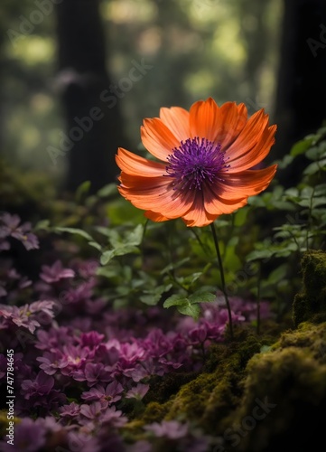 orange flower in the dark forest 
