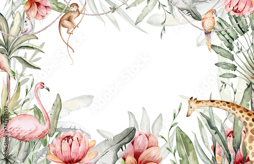 Watercolor frame background of african plants and animals with elephant, monkey and cockatoo, border with parrot and giraffe. tropical leaves
